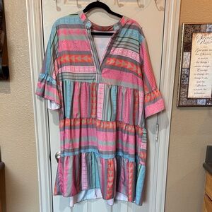 Pink & Teal Patterned V-Neck Tiered Dress